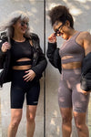 Top yoga mujer marca NOY (not only yoga) modelo HERA sin costuras tono negro black lava y taupe