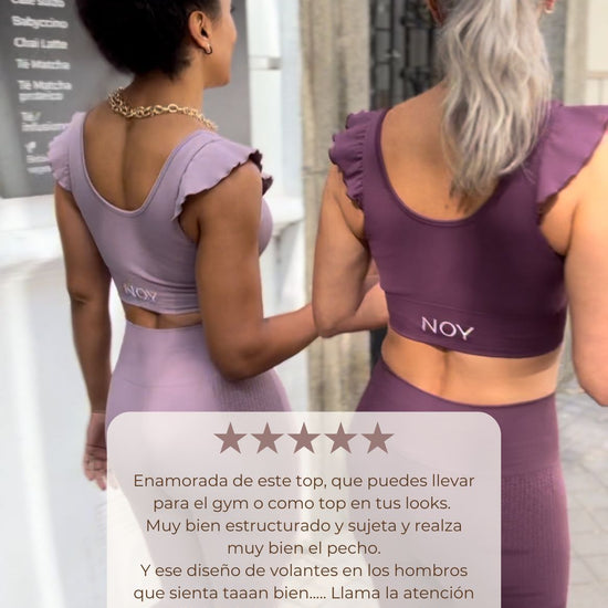 Conjunto yoga mujer marca NOY (not only yoga) modelo GAIA y top AINE con volantes sin costuras tono rosa Lotus pink