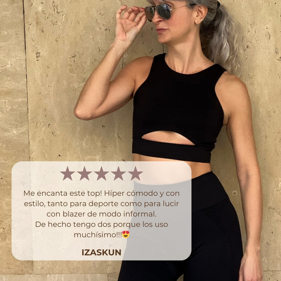 Top yoga mujer marca NOY (not only yoga) modelo HERA sin costuras tono negro black lava 